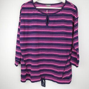 Talbots Shirt Womens MP Pink Navy Striped 3/4 Sleeve Long Sleeve Drawstring NEW